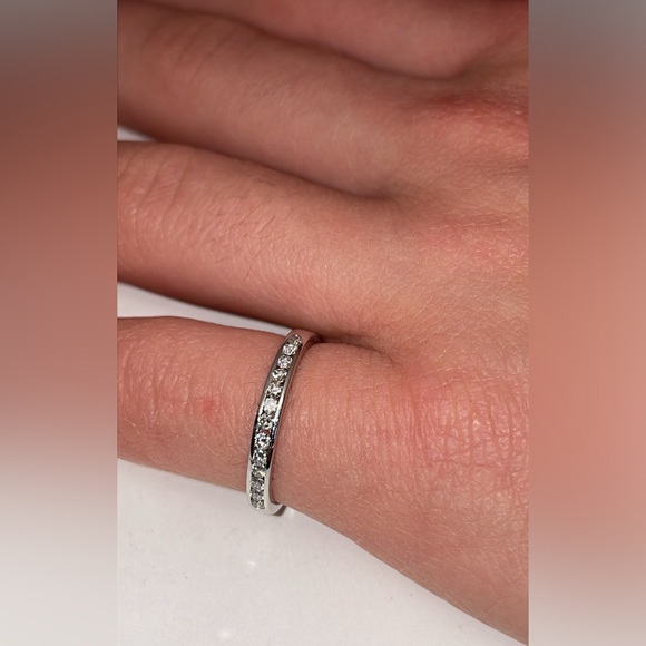 Solid Stamped 14K White Gold Natural Diamond Semi Eternity Band Ring Stackable - Picture 11 of 13